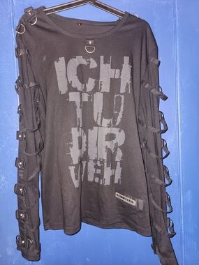 Black Long-Sleeve Graphic Tee with Ring and Strap Details